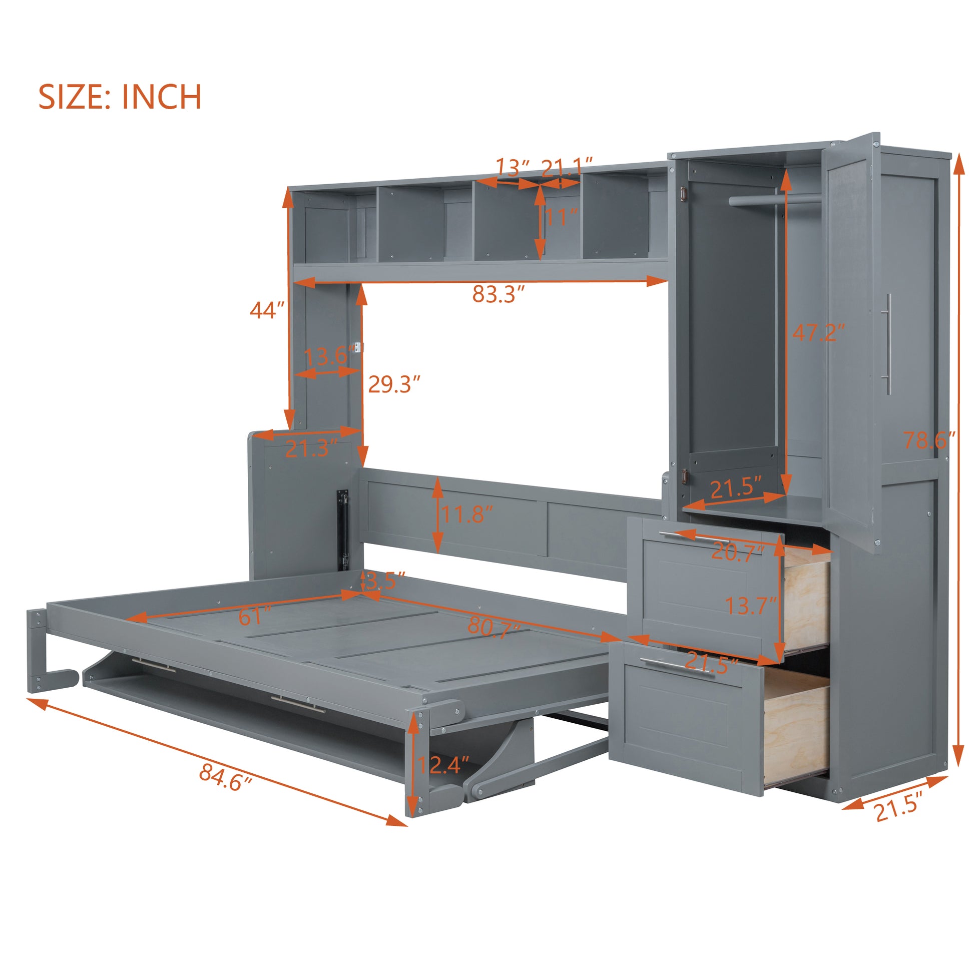Queen Size Murphy Bed Wall Bed With Closet And Drawers,Gray Gray Mdf Lvl