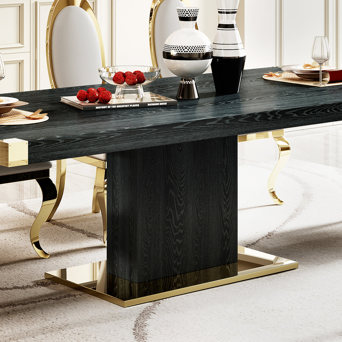 Mdf Top Dining Table With Gold Finish Corner, Mdf Pillar And Gold Finish Stainless Steel Base Black Mdf