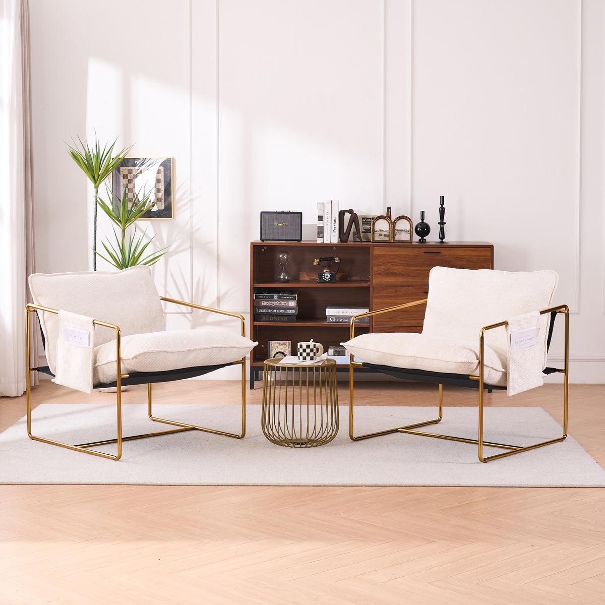 2 Chairs In 1 Box, Upholstered Hanging Armchair With Arm Pocketsmetal Frame, Gold Plated Craftsman, Crushed Foam Cushions And Skin Friendly Woven Fabric For Living Room And Bedroom. Beige Beige Metal