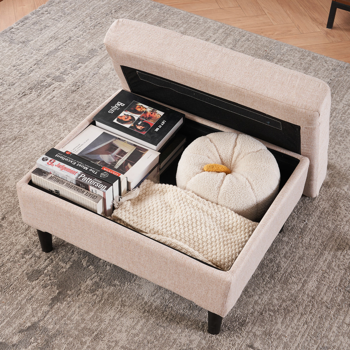 Beige Upholstered Armchair And Storage Ottoman Set Comfortable Single Sofa With Cup Holders And Tufted Detailing, Ideal For Living Room Or Bedroom Beige Metal