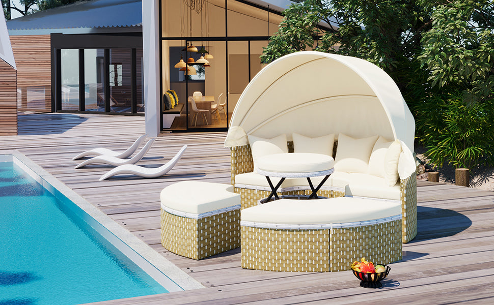 Patio Furniture Round Outdoor Sectional Sofa Set Rattan Daybed Two Tone Weave Sunbed With Retractable Canopy, Separate Seating And Removable Cushion, Beige Yes Sectional Beige Weather Resistant Frame Water Resistant Cushion Garden & Outdoor Luxury