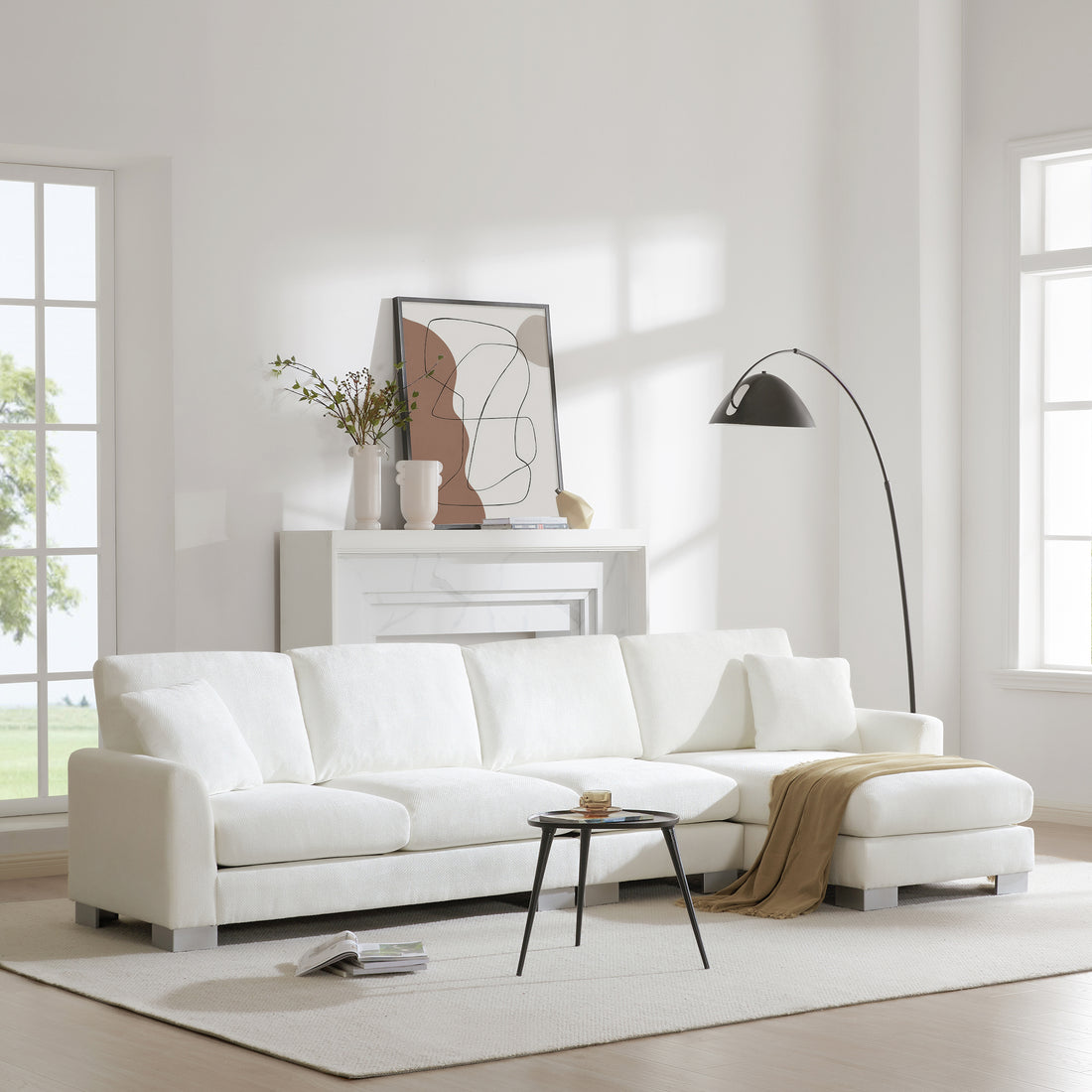 119*55" Modern Oversized Sectional Sofa,L Shaped Luxury Couch Set With 2 Free Pillows,5 Seat Chenille Indoor Furniture With Chaise For Living Room,Apartment,Office,2 Colors White Chenille