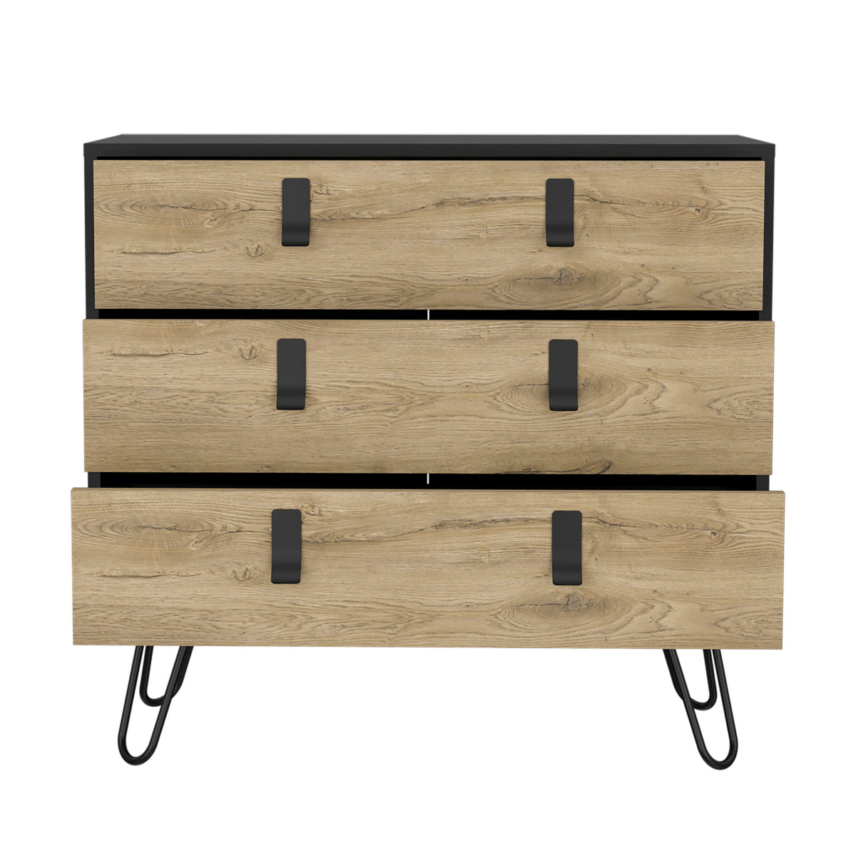 Dresser 29" H, 3 Drawer Organiser, Modern Chest Of Drawers With Hairpin Legs And Metal Accents, Black Macadamia Black Multi Particle Board Pine