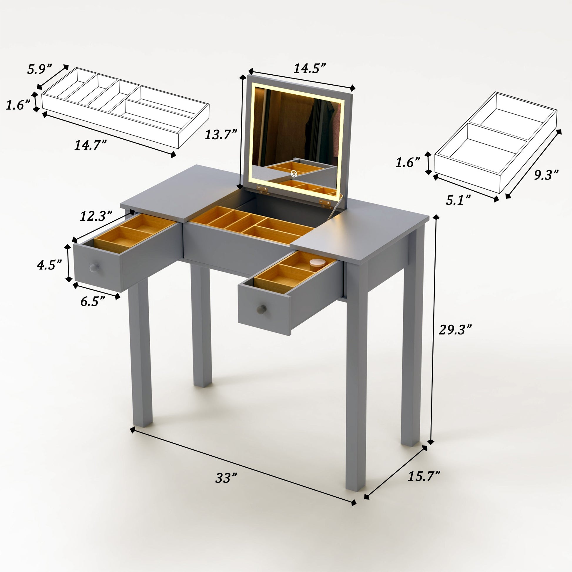 Sleek Grey Vanity Table With Led Lights, Flip Top Mirror And 2 Drawers, Jewelry Storage For Women Dressing Grey 2 Drawers Mdf