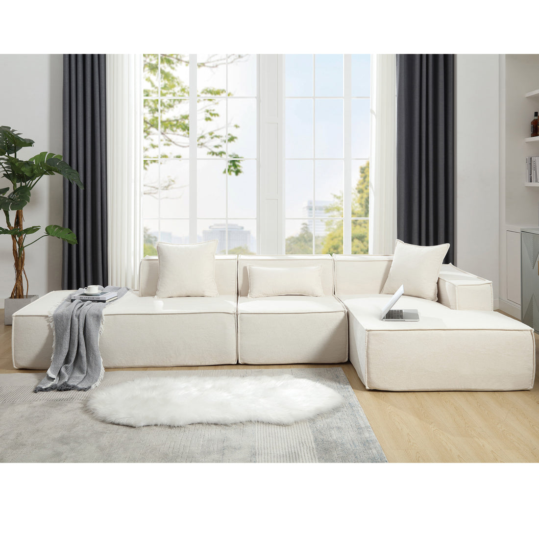 Modular Combination Living Room Sofa Set, Modern Minimalist Sofa, Free Installation Sofa, L Shaped, Italian Minimalist Tofu Block Sofa, Right Hand Facing,Terrycloth Fabric ,Beige Beige Polyester Primary Living Space Soft Modern Polyester 3 Seat