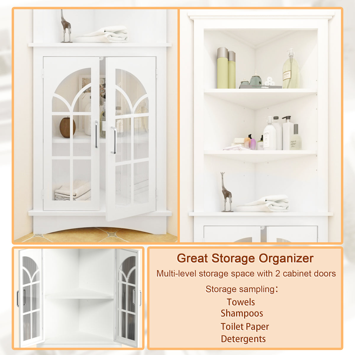 Corner Storage Cabinet, 63.3" Tall Freestanding Bookcase With Doors & Adjustable Shelves, 5 Tier Corner Display Cabinet For Living Room, Office, Dining Room, White White Adjustable Shelves Mdf Metal
