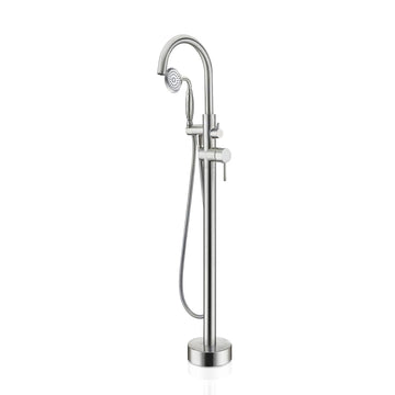 Freestanding Tub Filler Bathtub Faucet Brushed Nickel With Hand Held Shower Floor Mount Brushed Nickel Brass