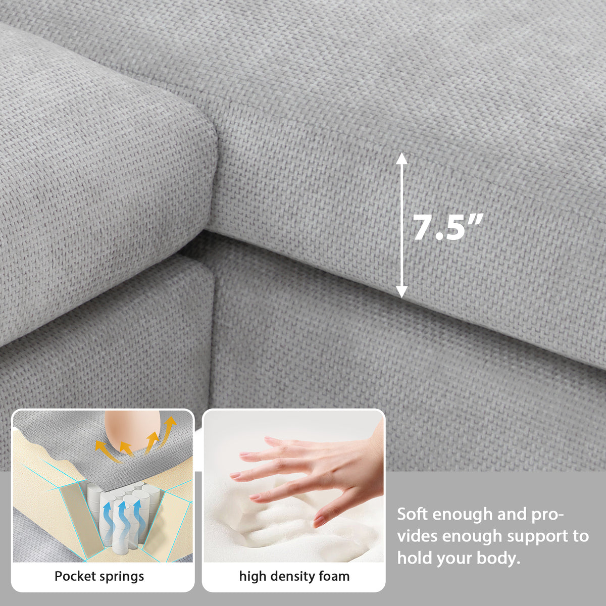 119*55" Modern Oversized Sectional Sofa,L Shaped Luxury Couch Set With 2 Free Pillows,5 Seat Chenille Indoor Furniture With Chaise For Living Room,Apartment,Office,2 Colors Light Gray Chenille 5 Seat