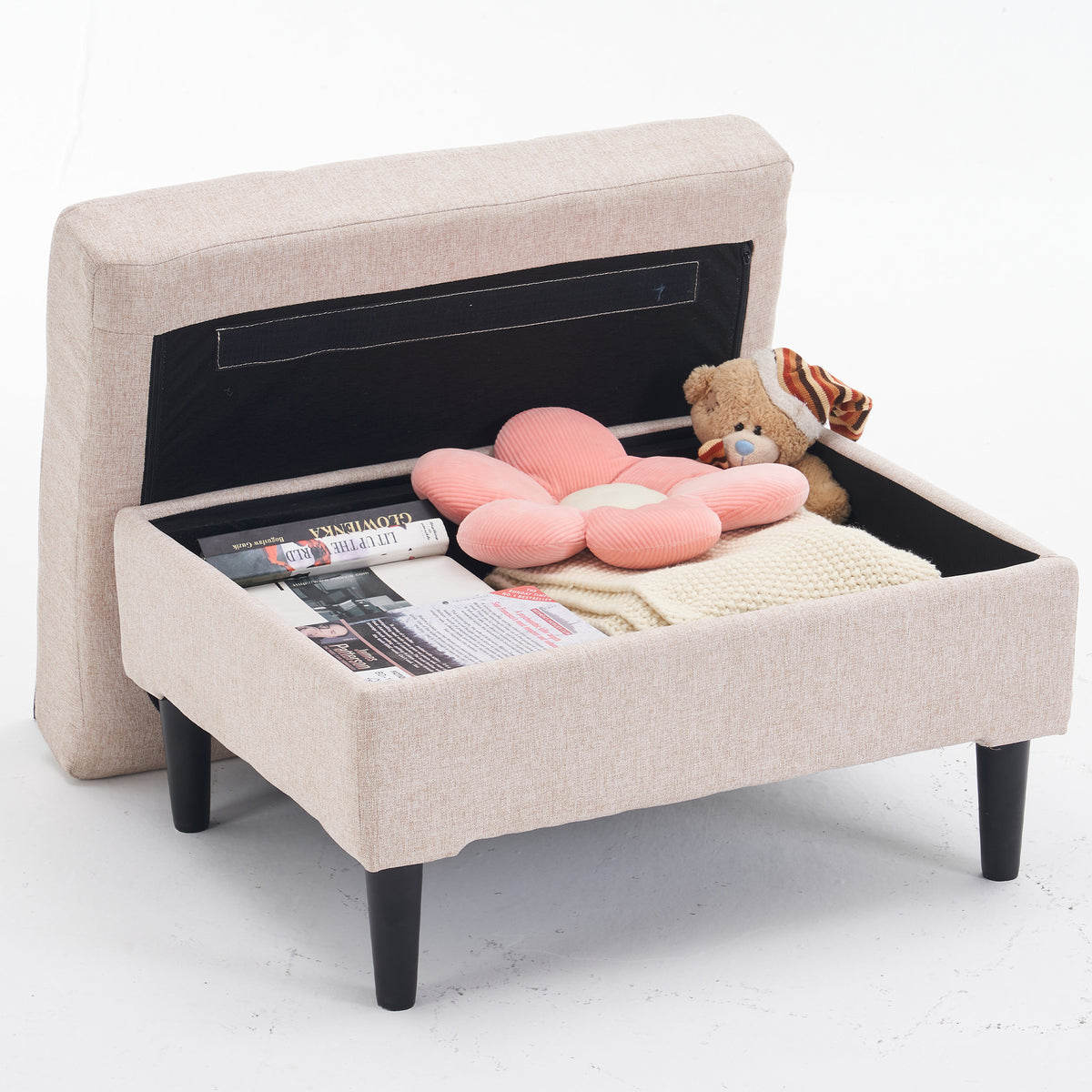 Beige Upholstered Armchair And Storage Ottoman Set Comfortable Single Sofa With Cup Holders And Tufted Detailing, Ideal For Living Room Or Bedroom Beige Metal