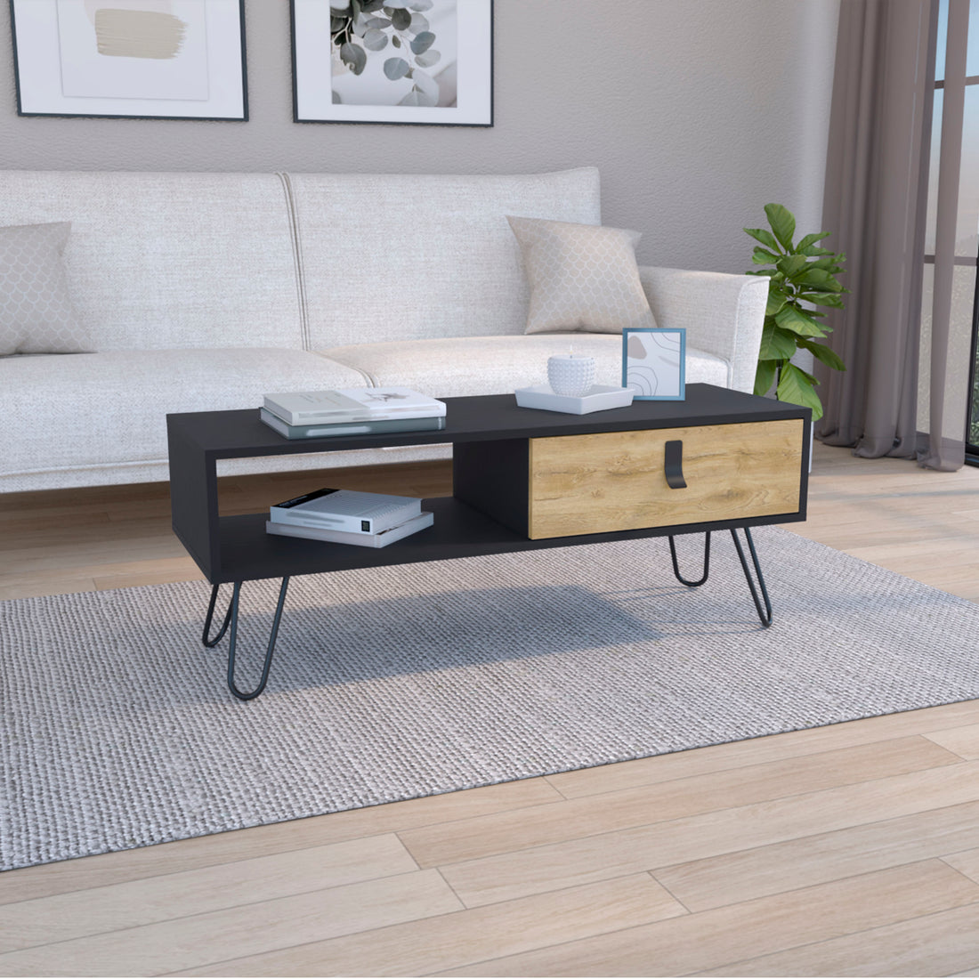15" H Rectangular White Macadamia Coffee Table, 4 Vintage Metal Legs, 1 Vertical Divider For Designer Books, And 1 Drawer For Storing Small Things. Black Multi Particle Board Pine