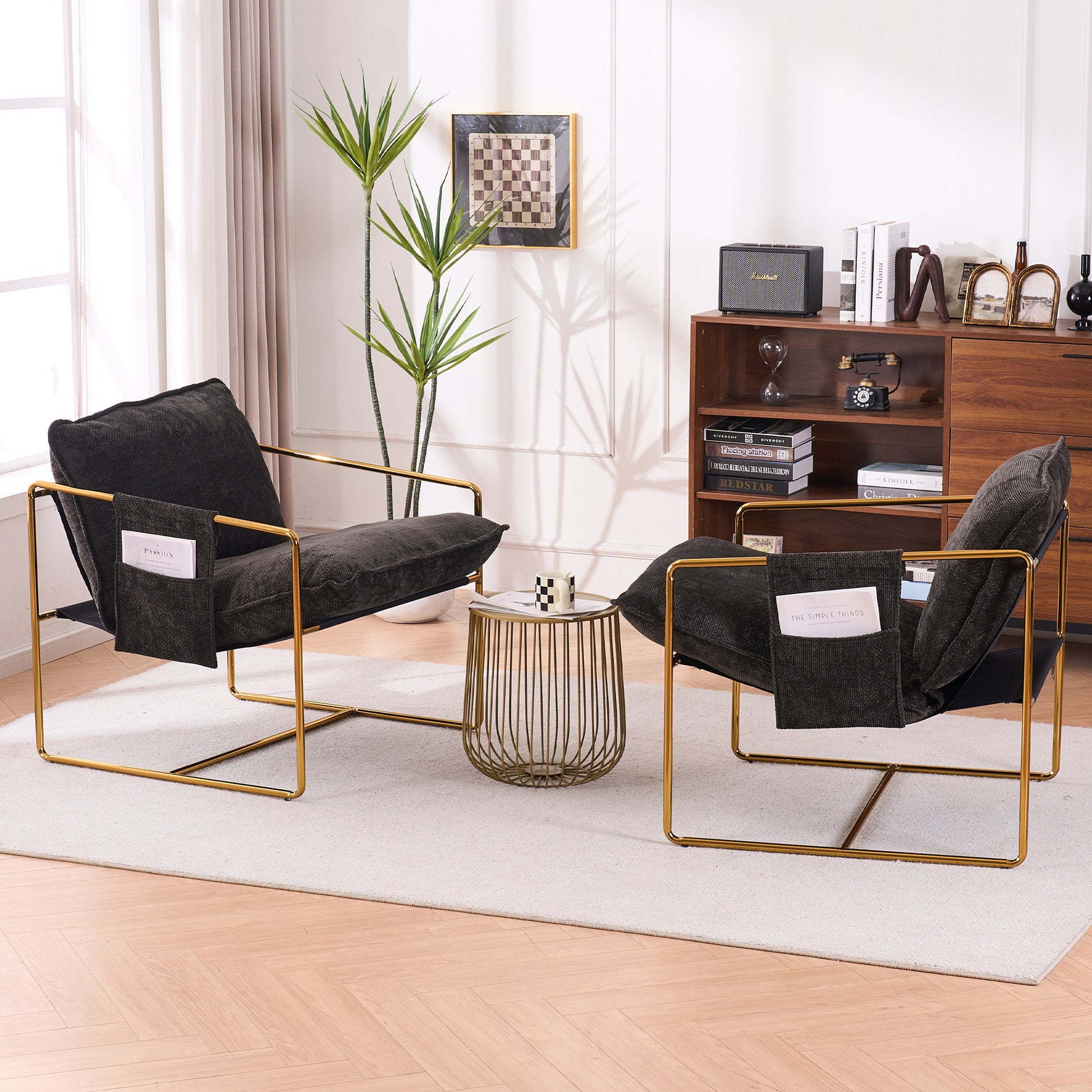 2 Chairs In 1 Box, Upholstered Hanging Armchair With Arm Pocketsmetal Frame, Gold Plated Craftsman, Crushed Foam Cushions And Skin Friendly Woven Fabric For Living Room And Bedroom. Dark Gray Dark Gray Metal