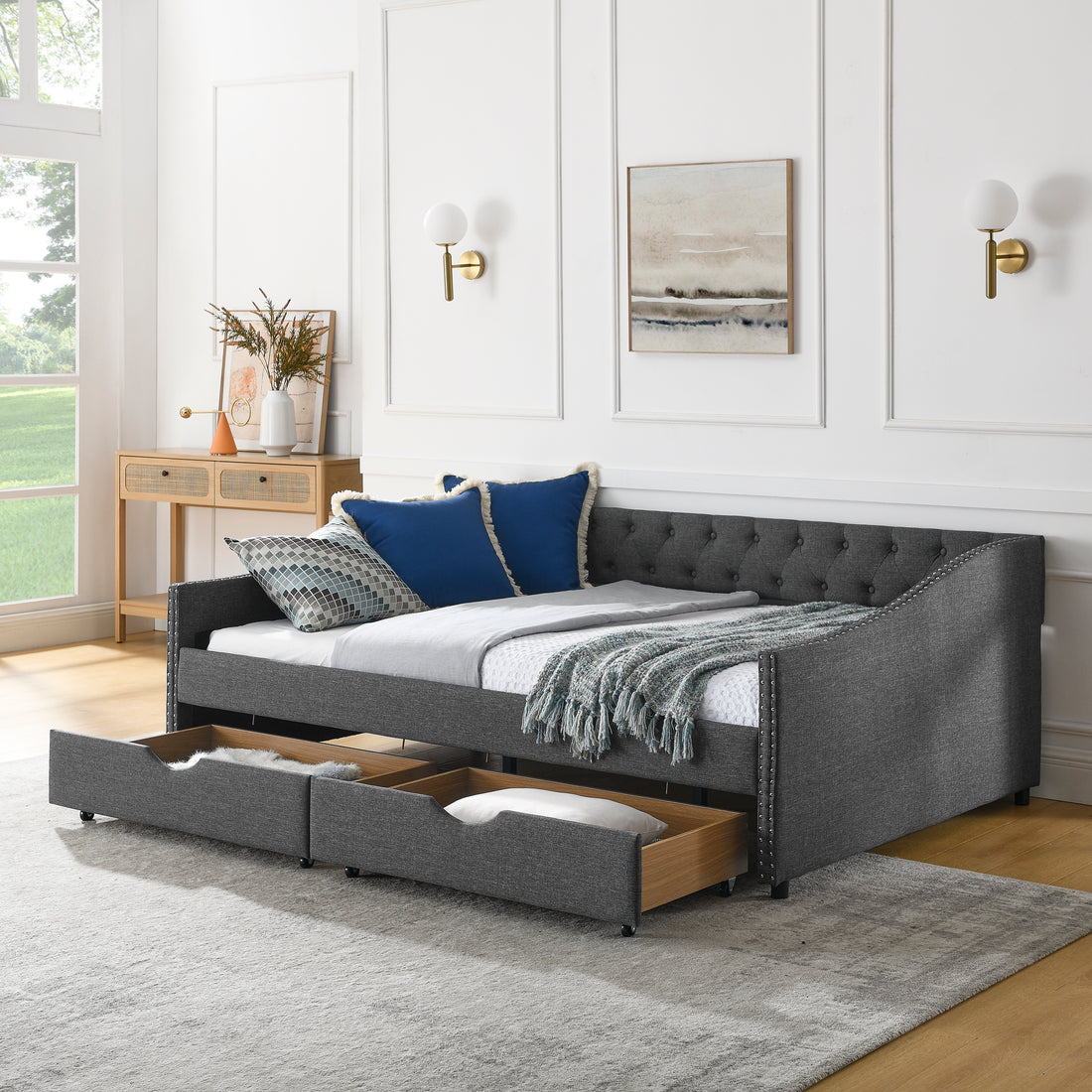 Full Size Daybed With Drawers Upholstered Tufted Sofa Bed, With Button On Back And Copper Nail On Waved Shape Arms 80.5''X55.5''X27.5'' Dark Grey Linen