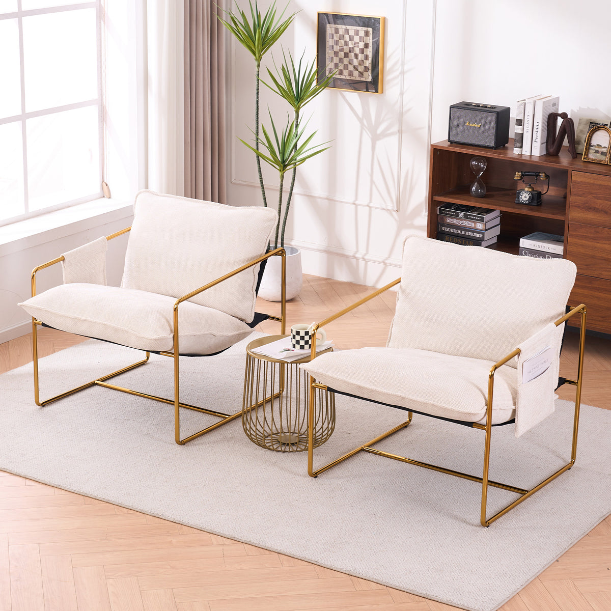 2 Chairs In 1 Box, Upholstered Hanging Armchair With Arm Pocketsmetal Frame, Gold Plated Craftsman, Crushed Foam Cushions And Skin Friendly Woven Fabric For Living Room And Bedroom. Beige Beige Metal
