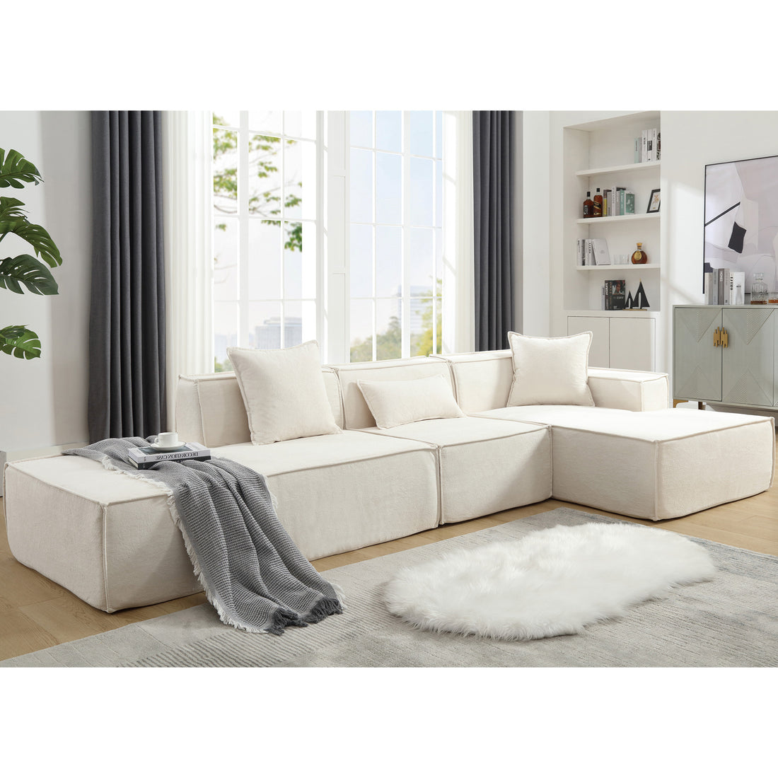 Modular Combination Living Room Sofa Set, Modern Minimalist Sofa, Free Installation Sofa, L Shaped, Italian Minimalist Tofu Block Sofa, Right Hand Facing,Terrycloth Fabric ,Beige Beige Polyester Primary Living Space Soft Modern Polyester 3 Seat