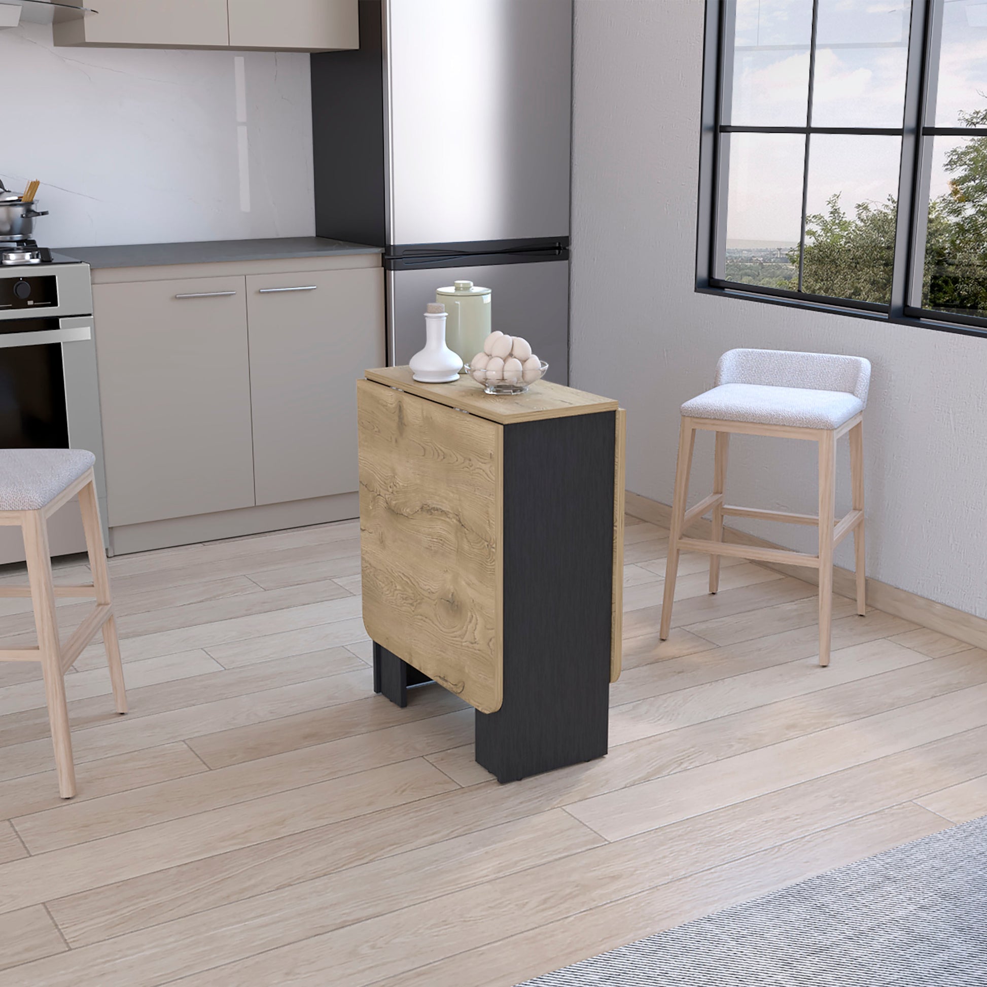 Detroit Folding Table With Expandable Design In 3 Forms, White Macadamia Black Multi Particle Board Pine