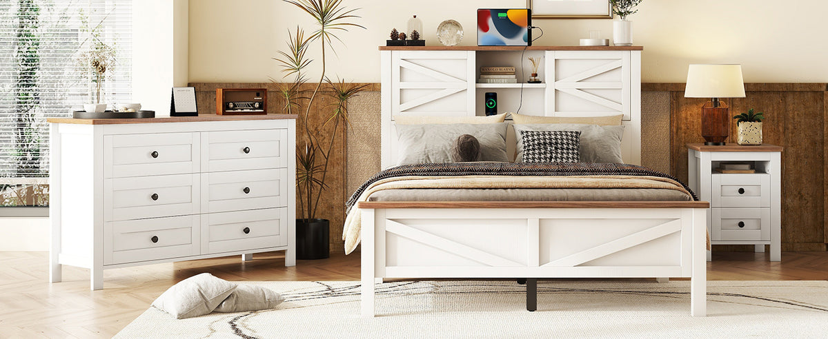 3 Pieces Bedroom Sets Full Size Farmhouse Platform Bed With Double Sliding Door Storage Headboard And Charging Station, Storage Nightstand And Dresser, White Brown Full White 3 Piece Set Particle Board