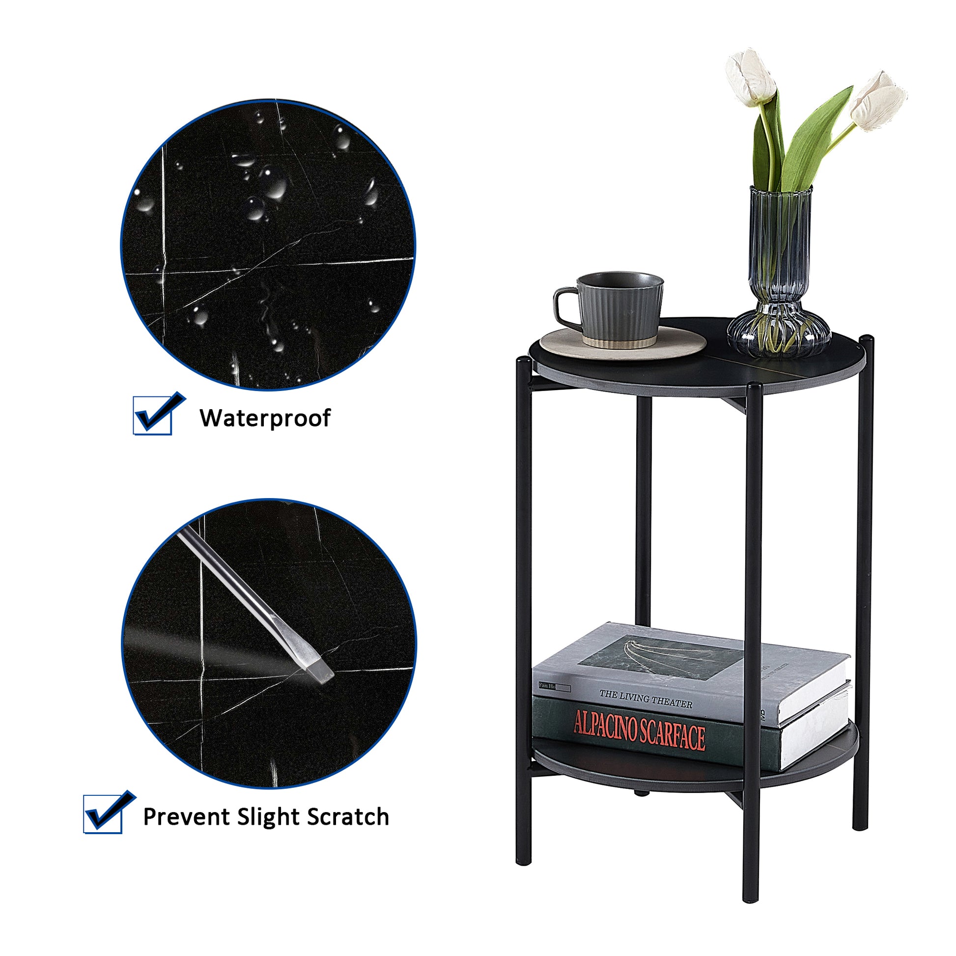 2 Layer End Table With Whole Marble Tabletop, Round Coffee Table With Black Metal Frame For Bedroom Living Room Office Black,1 Piece Black Metal Stone