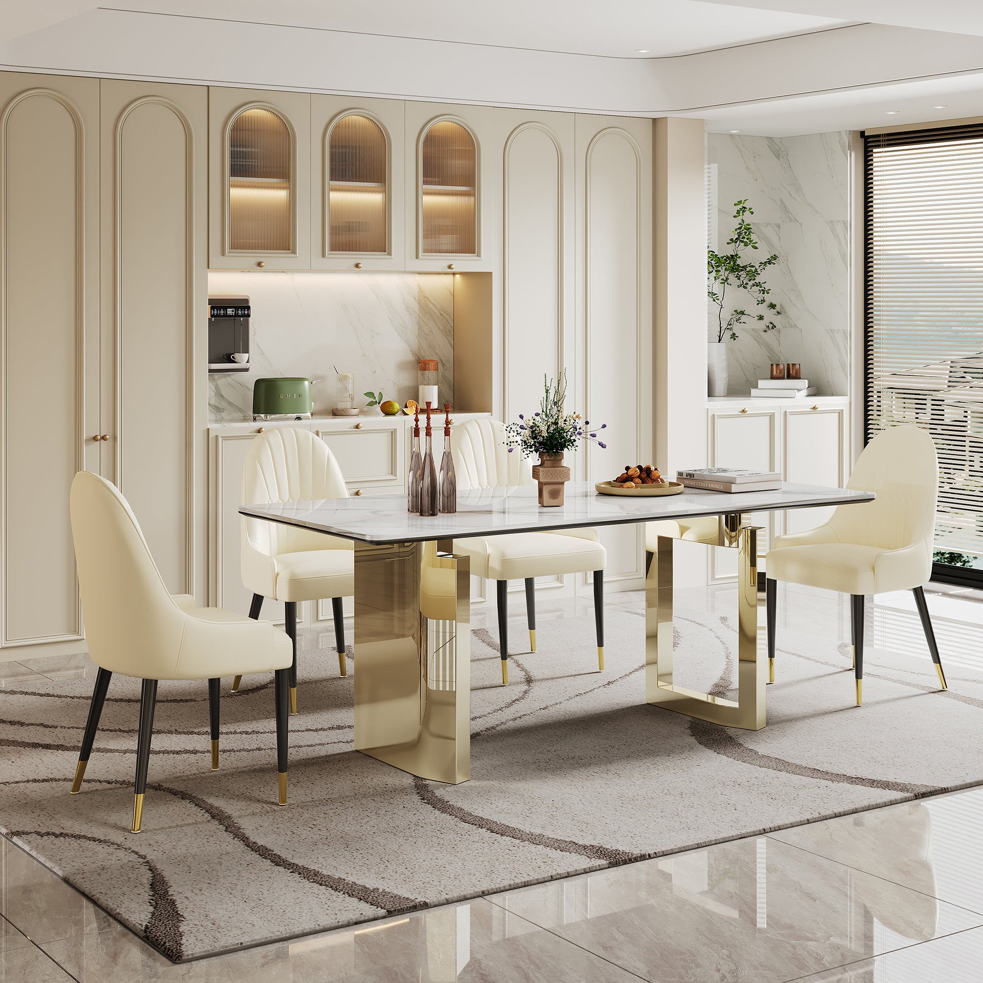 0.47" Thick Sintered Stone Composite Tempered Glass Top Rectangular Dining Table With Stainless Steel Base Gold Sintered Stone