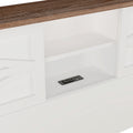Farmhouse Platform Bed With Double Sliding Barn Door, Full Size Rustic Wood Bed Withcharging Station, Wood Slats Support, White Brown White Particle Board
