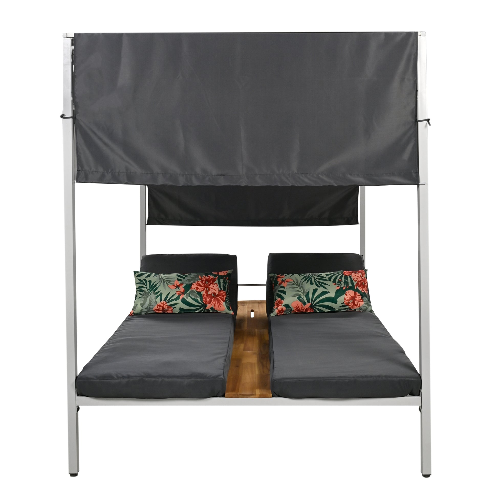 Outdoor Patio Sunbed Daybed With Cushions, Adjustable Seats Grey Steel