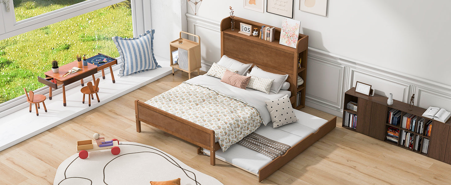 Full Size Platform Bed With Storage Headboard And Twin Size Trundle, Walnut Box Spring Not Required Full Walnut Wood Bedroom Bed Frame Solid Wood Mdf