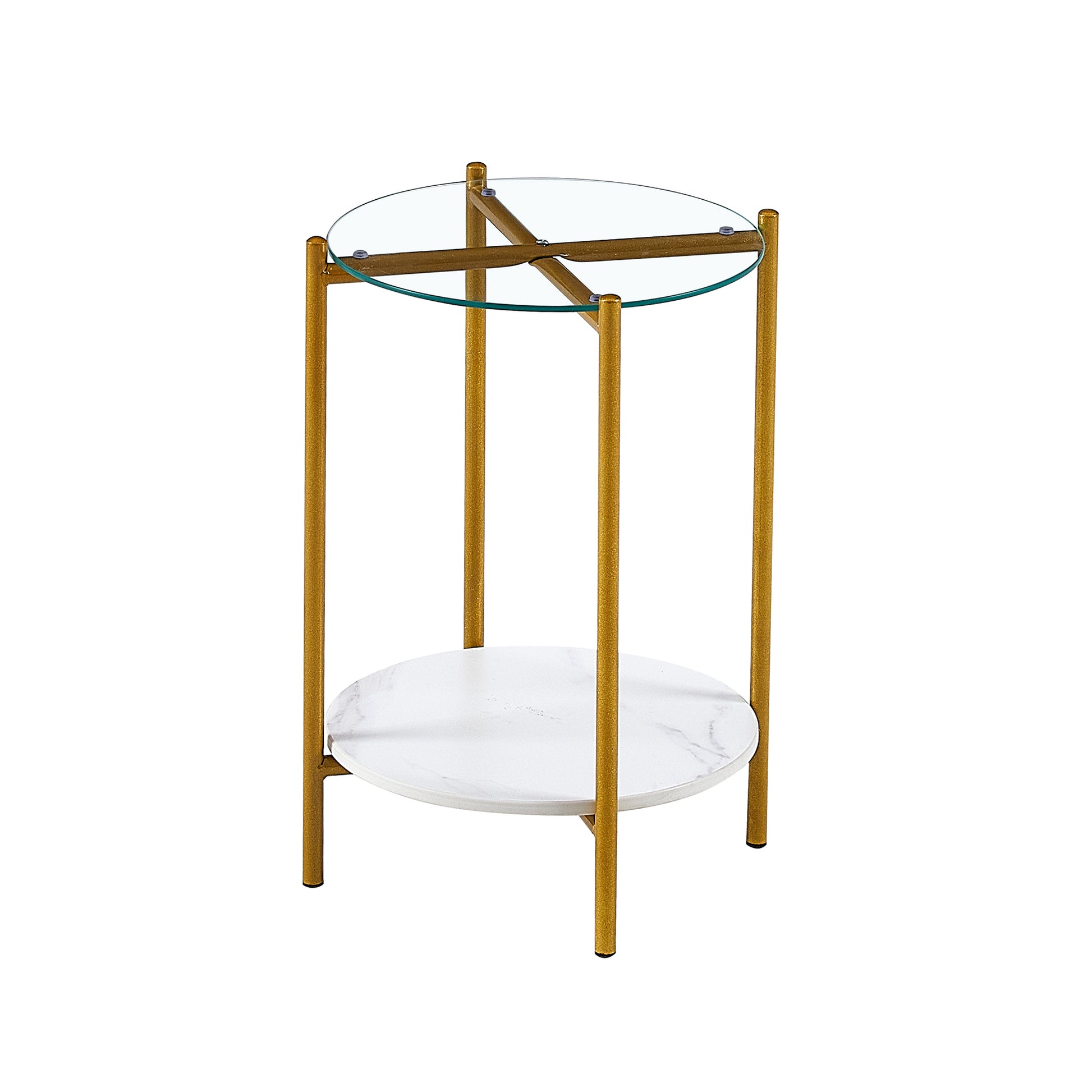 2 Layer End Table With Whole Marble Tabletop, Round Coffee Table With Black Metal Frame For Bedroom Living Room Office Transparent,1 Piece Transparent Glass Metal