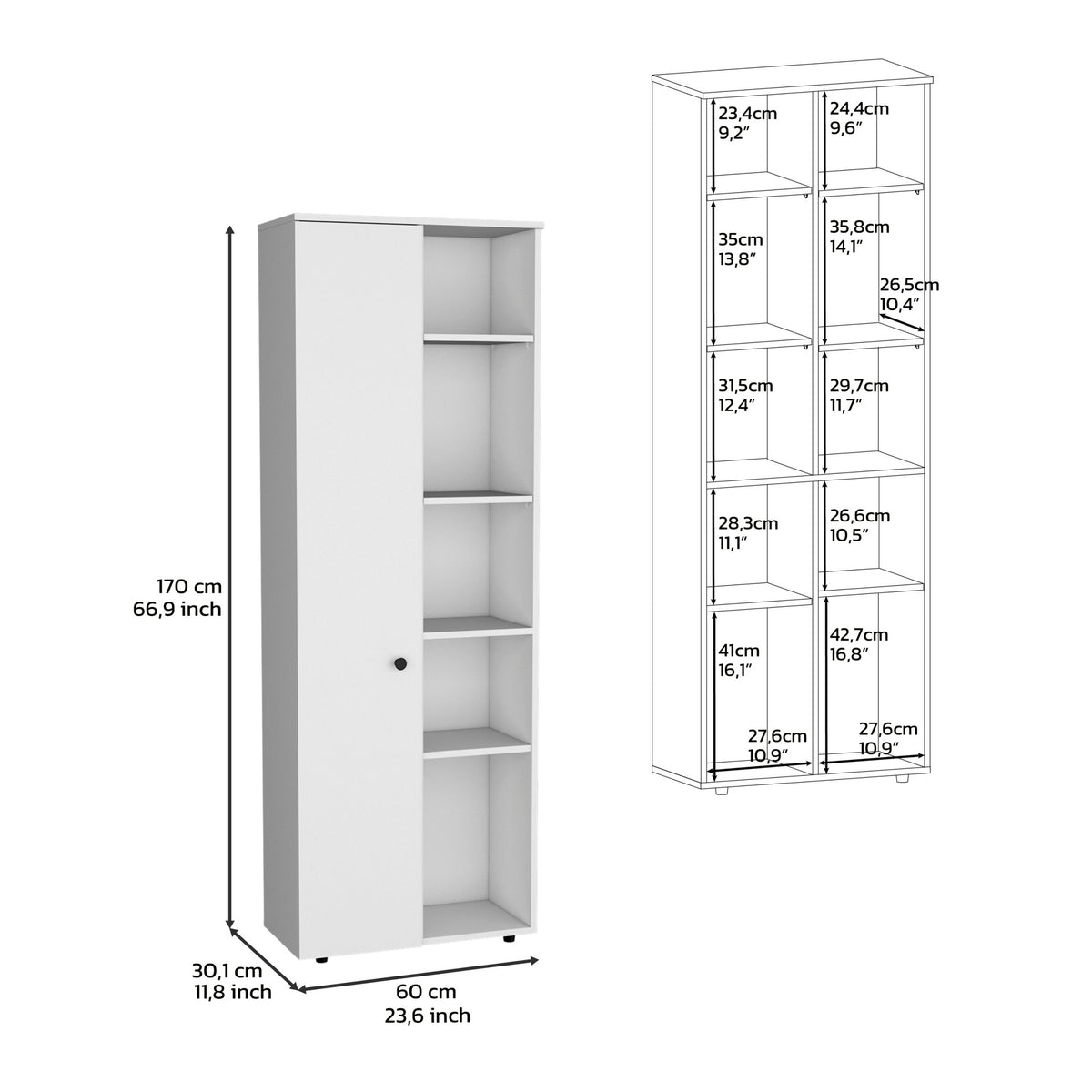 Depot E Shop Cary 67" H Kitchen Storage Cabinet With One Door, Five Interior Shelves And Five Exterior Shelves,White White Particle Board Pine