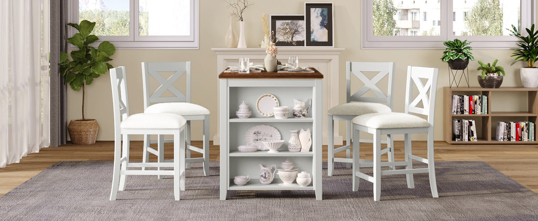 5 Pieces Counter Height Rustic Farmhouse Dining Room Wooden Bar Table Set With 4 Chairs, White White Wood Dining Room Solid Wood Rubberwood Rectangular Dining Table With Chair Upholstered Chair Wood White Solid Back Seats 4 4 Leg Foam Solid Wood