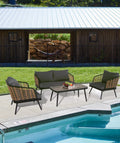 4 Pieces Patio Furniture Set, Pe Rattan Wicker 4 Pcs Outdoor Sofa Set W Washable Cushion And Tempered Glass Tabletop, Conversation Furniture For Garden Poolside Balcony Black Natural Steel