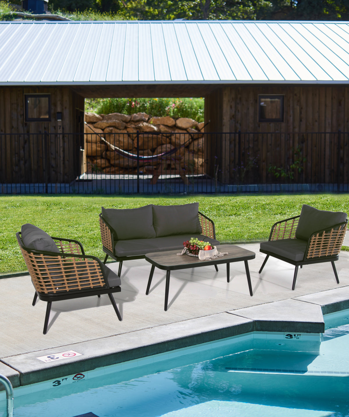 4 Pieces Patio Furniture Set, Pe Rattan Wicker 4 Pcs Outdoor Sofa Set W Washable Cushion And Tempered Glass Tabletop, Conversation Furniture For Garden Poolside Balcony Black Natural Steel