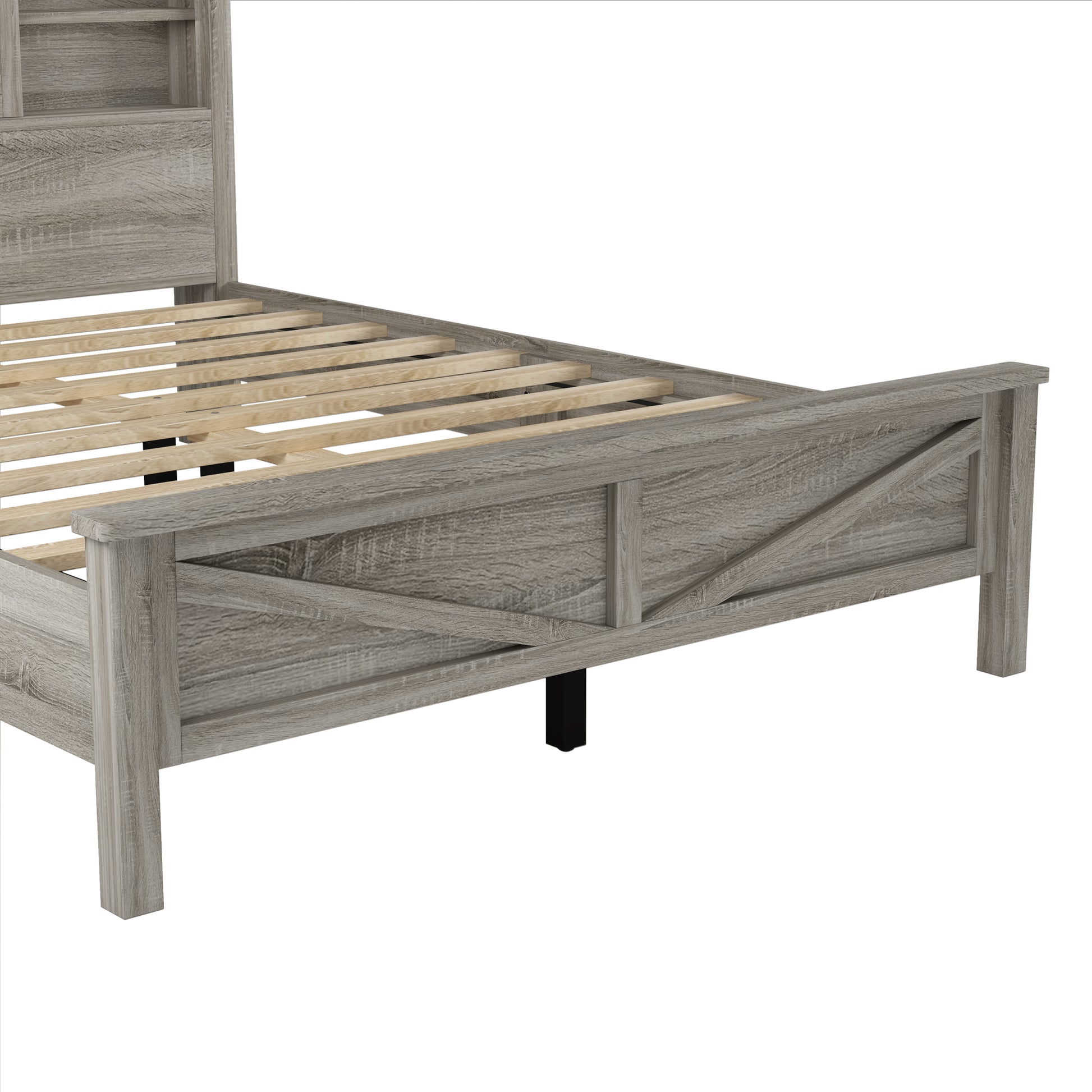 Farmhouse Platform Bed With Double Sliding Barn Door, Queen Size Rustic Wood Bed Withcharging Station, Wood Slats Support, Antique Gray Antique Gray Particle Board
