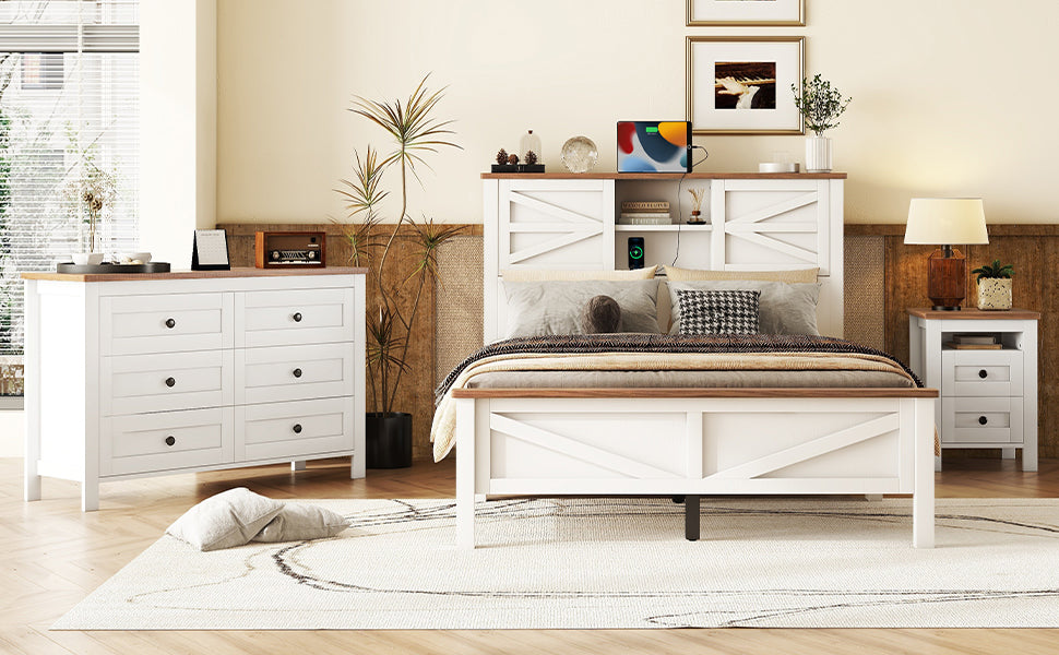 3 Pieces Bedroom Sets Full Size Farmhouse Platform Bed With Double Sliding Door Storage Headboard And Charging Station, Storage Nightstand And Dresser, White Brown Full White 3 Piece Set Particle Board