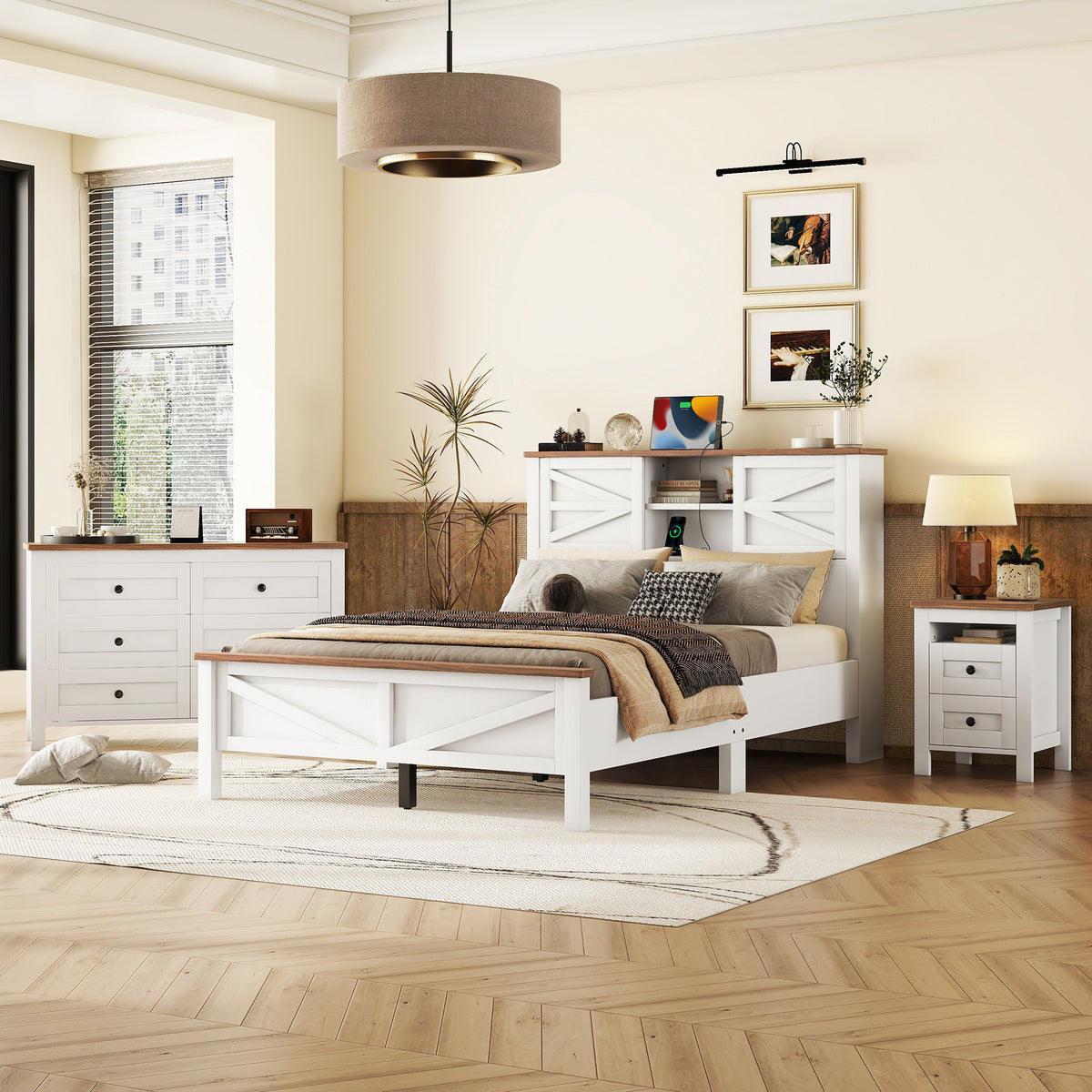 3 Pieces Bedroom Sets Full Size Farmhouse Platform Bed With Double Sliding Door Storage Headboard And Charging Station, Storage Nightstand And Dresser, White Brown Full White 3 Piece Set Particle Board