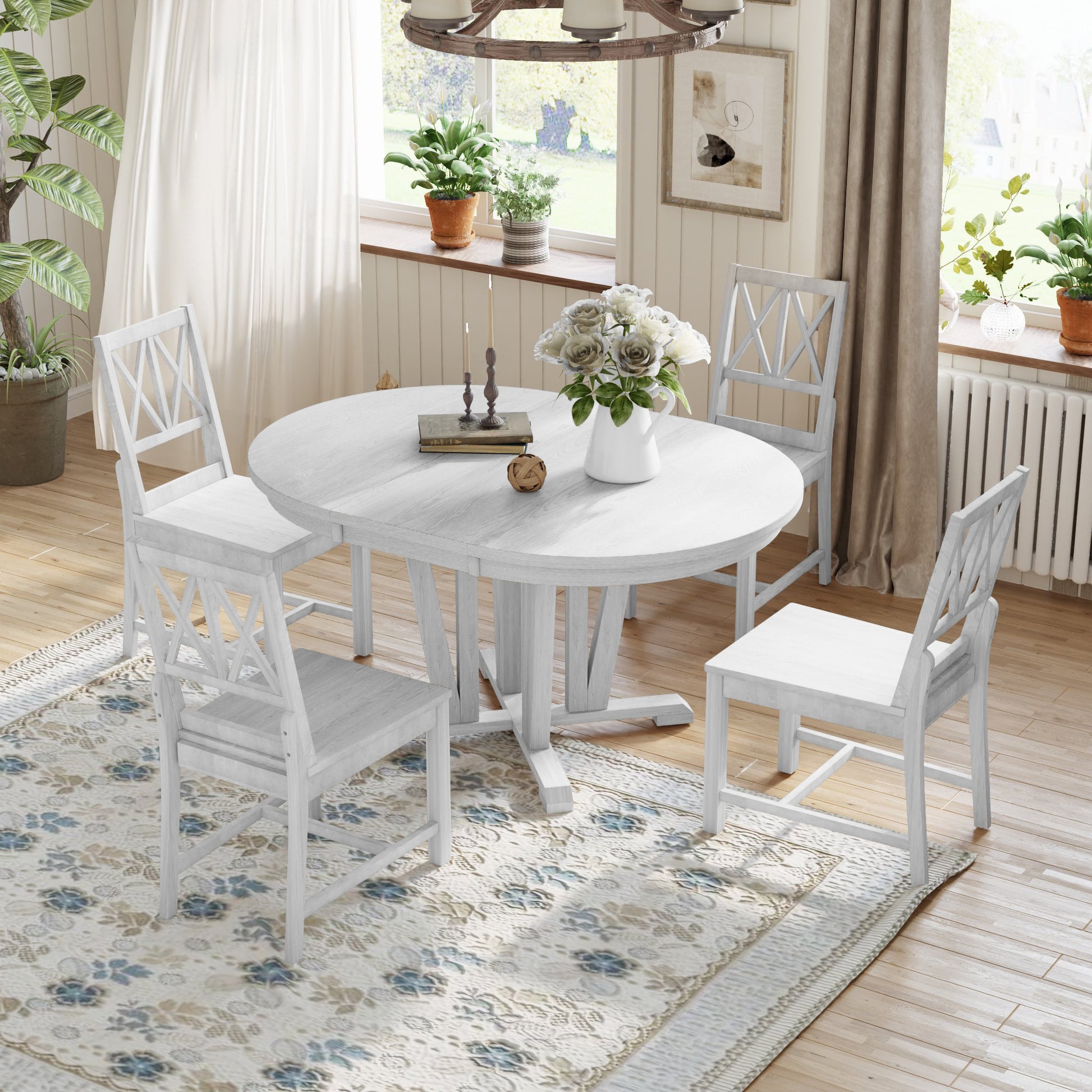 Rustic 5 Piece Extendable Dining Table Set Round Trestle Table And 4 Cross Back Dining Chairs For Kitchen, Dining Room, Gray Gray Wood Dining Room Solid Wood Rubberwood Round Dining Table With Chair Wood Wood Gray Solid Back Seats 4 Removable Leaf