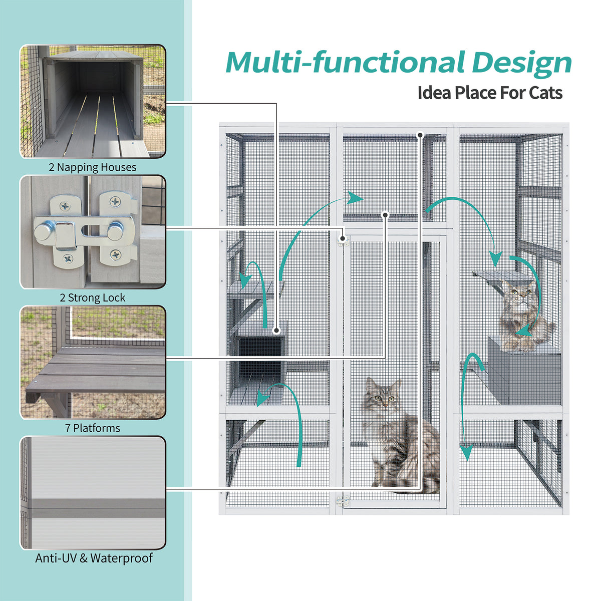 62.6" Wooden Cat House Large Catio, Solid Wood Cat Cage Shelter Enclosure Playpen With Anti Uv& Waterproof, 7 Platforms And 2 Resting Boxes Gray Wood