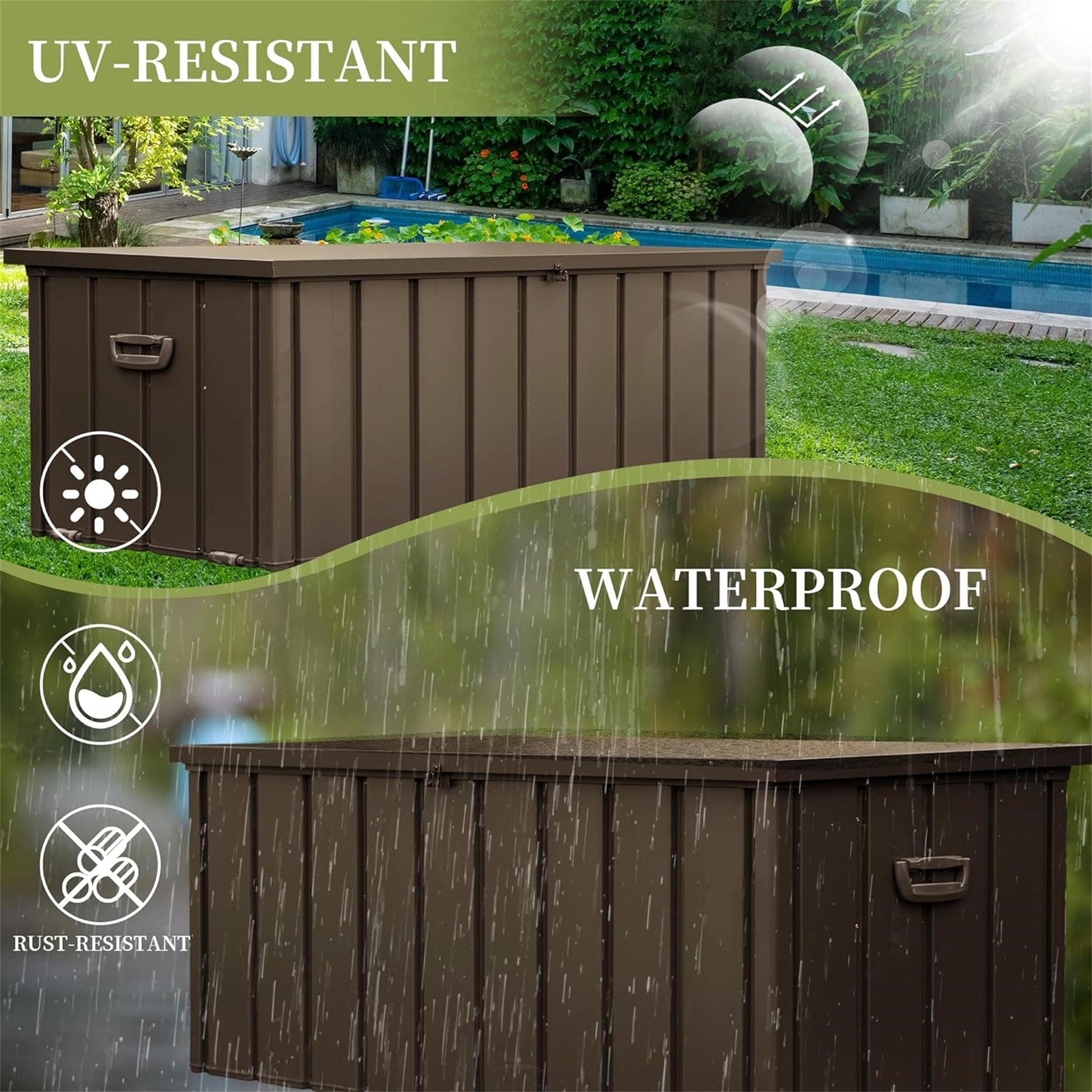 200 Gallon Outdoor Storage Deck Box Waterproof, Large Patio Storage Bin For Outside Cushions, Throw Pillows, Garden Tools, Lockable Dark Brown Dark Brown Steel
