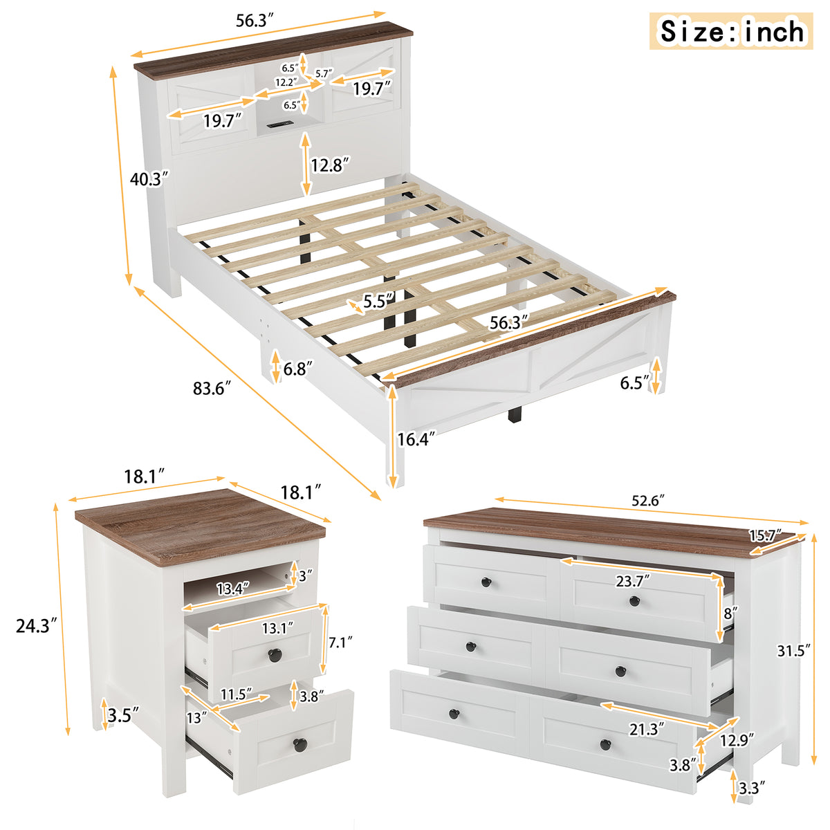3 Pieces Bedroom Sets Full Size Farmhouse Platform Bed With Double Sliding Door Storage Headboard And Charging Station, Storage Nightstand And Dresser, White Brown Full White 3 Piece Set Particle Board