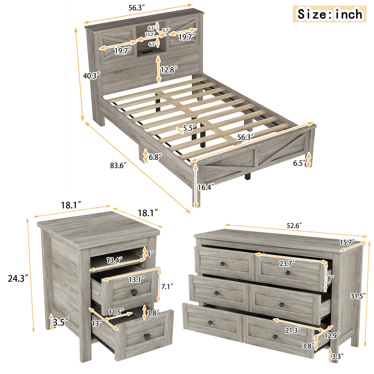 3 Pieces Bedroom Sets Full Size Farmhouse Platform Bed With Double Sliding Door Storage Headboard And Charging Station, Storage Nightstand And Dresser, Antique Gray Full Antique Gray 3 Piece Set Particle Board