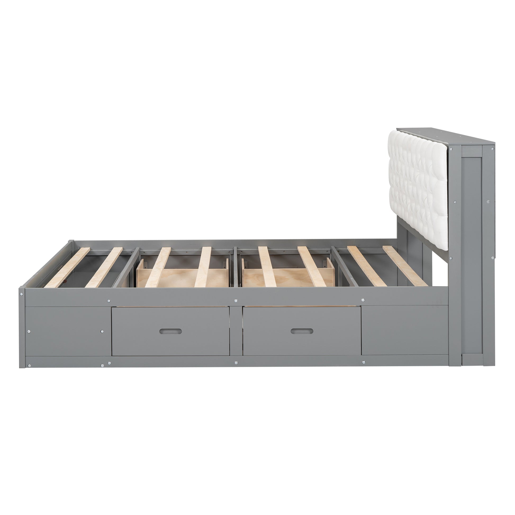 Wood Queen Size Platform Bed With Storage Headboard, Shoe Rack And 4 Drawers,Gray Box Spring Not Required Queen Gray Wood Bedroom Bed Frame Solid Wood Mdf