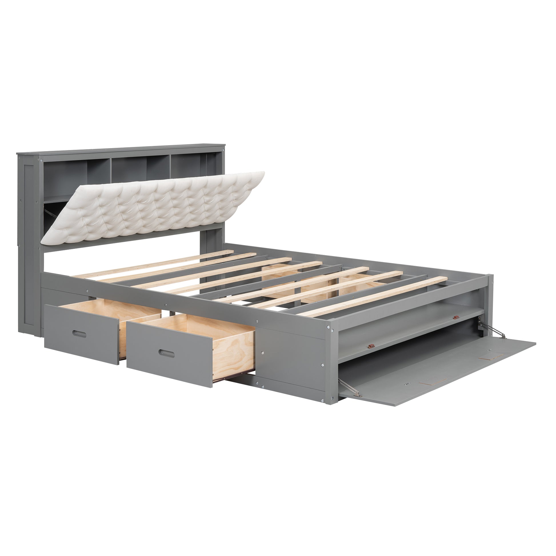 Wood Queen Size Platform Bed With Storage Headboard, Shoe Rack And 4 Drawers,Gray Box Spring Not Required Queen Gray Wood Bedroom Bed Frame Solid Wood Mdf
