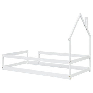 Twin Size Wood Bed With House Shaped Headboard Floor Bed With Fences,White Twin White Wood Bedroom American Design Pine Pine
