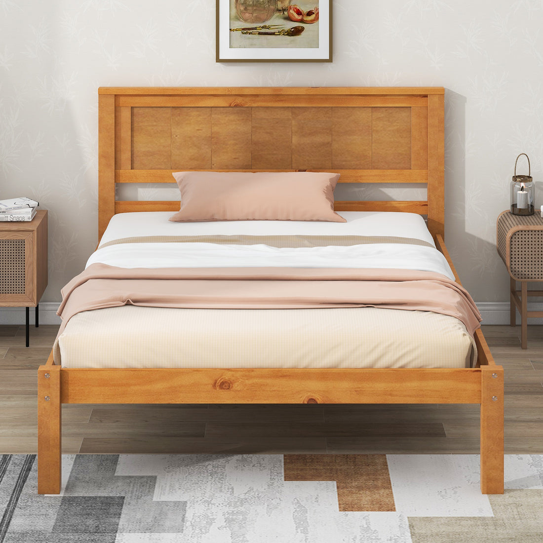 Platform Bed Frame With Headboardwood Slat Supportno Box Spring Needed ,Twin,Oak Twin Oak Wood Pine