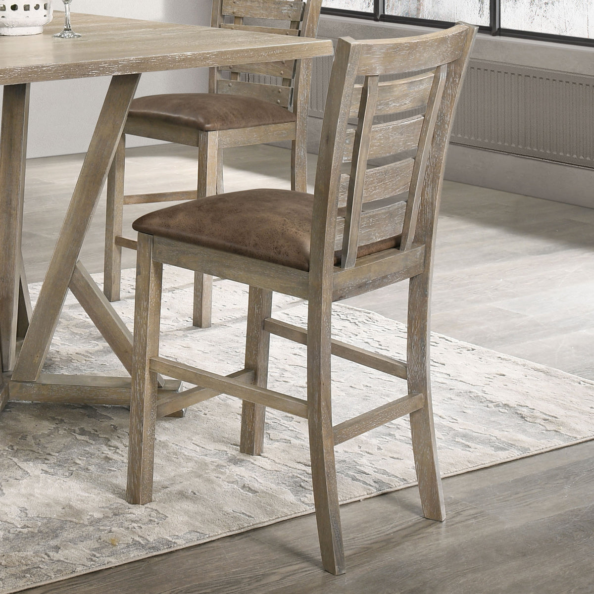 Set Of 2 Dining Counter Height Chairs Modern Farmhouse Rustic Look Distressed Design Ladderback Solid Wood Cushion Light Brown Dining Room Rubberwood Ladder Back Set Of 2 Rubberwood Grayish Brown Lacquered Foam Dry Clean American