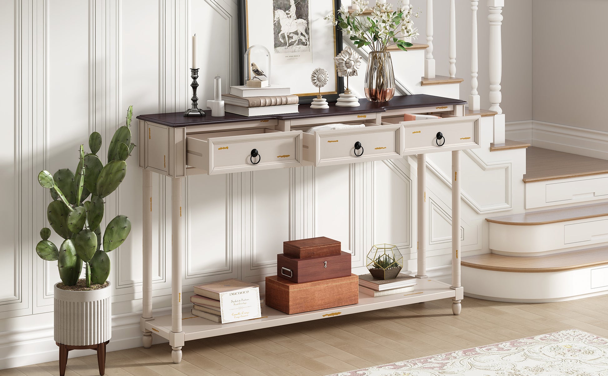 Console Table Sofa Table With Drawers For Entryway With Projecting Drawers And Long Shelf Beige, Old Sku: Wf189574Aad Beige Solid Wood Mdf