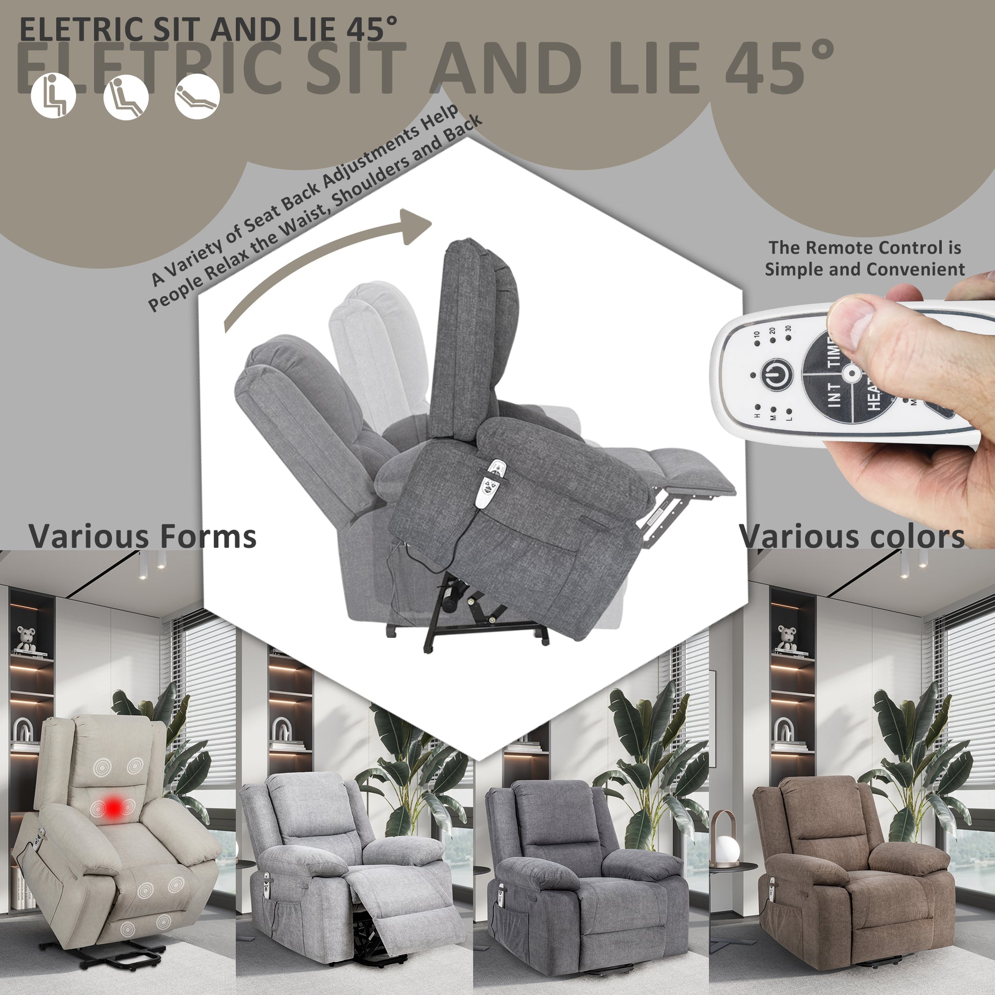 Electric Power Recliner Chair With Massage For Elderly ,Remote Control Multi Function Lifting, Timing, Cushion Heating Chair With Side Pocket Brown Brown Power Remote Metal Primary Living Space American Design Cat Scratch Fabric