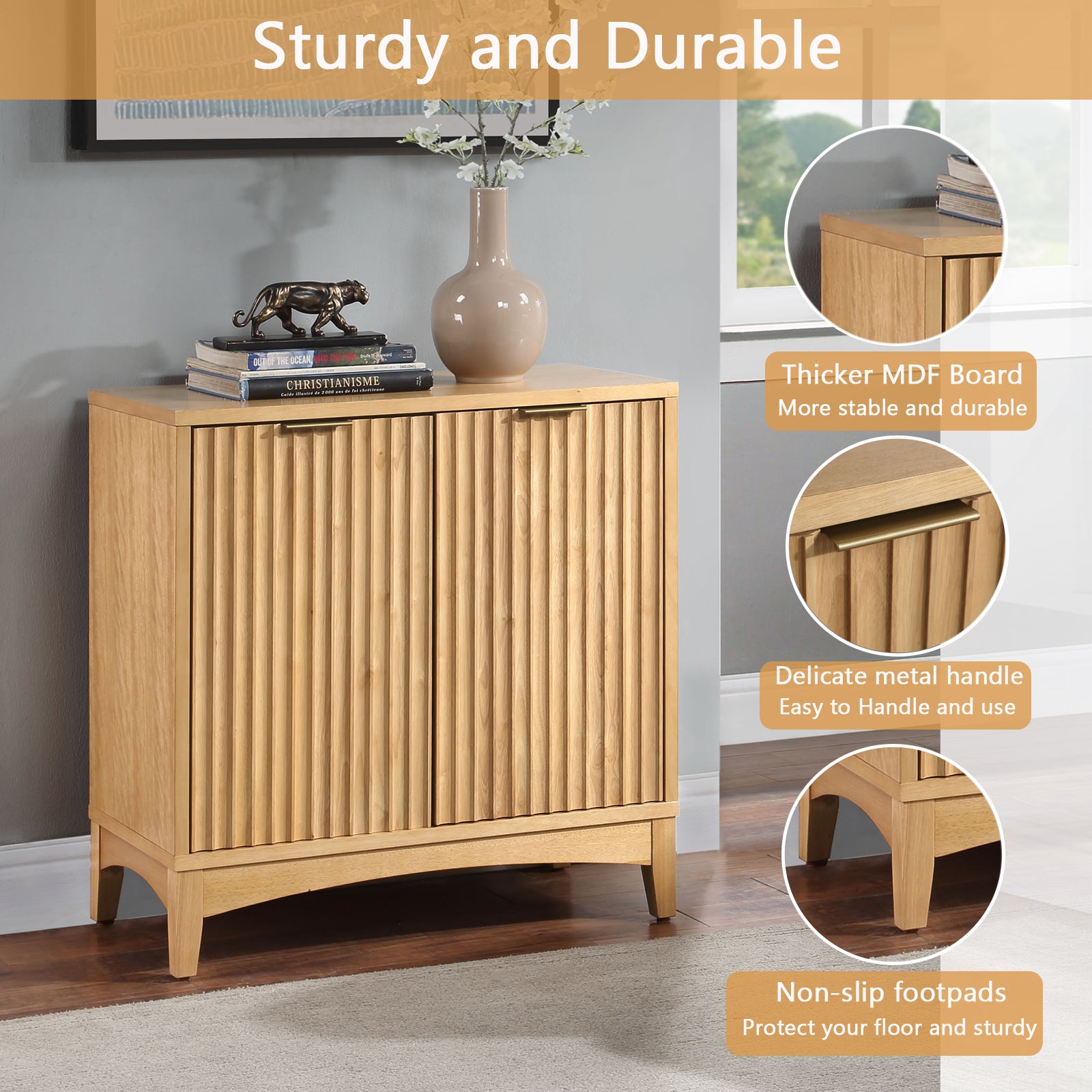 Storage Cabinet With 2 Doors And Adjustable Shelves, Kitchen Cabinetwooden Buffet Cabinet For Living Room, Bedroom, Dining Room,Natural Natural Rubber Wood