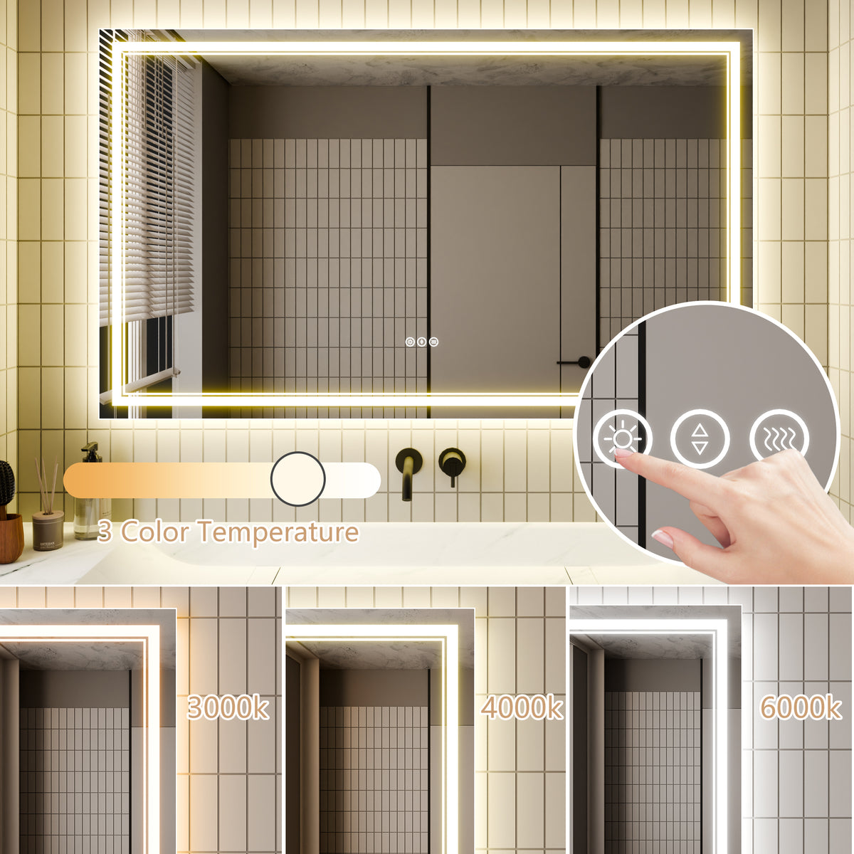 Led Bathroom Mirror, 36X60 Inch Bathroom Vanity Mirrors With Lights, Mirrors For Wall With Smart Touch Button, Anti Fog, Memory Function, Stepless Dimmable Makeup Mirror Horizontal Vertical White Aluminium