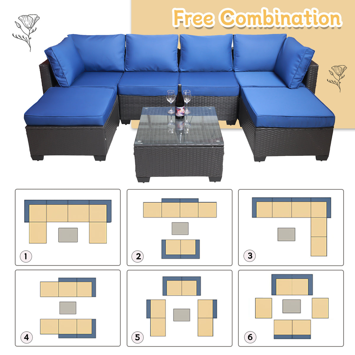 Outdoor Garden Patio Furniture 7 Piece Pe Rattan Wicker Cushioned Sofa Sets And Coffee Table, Patio Furniture Set Outdoor Couch Outdoor Couch Patio Furniture Outdoor Sofa Patio Couch Yes Complete Patio Set Black Blue Rust Resistant Frame Water Resistant