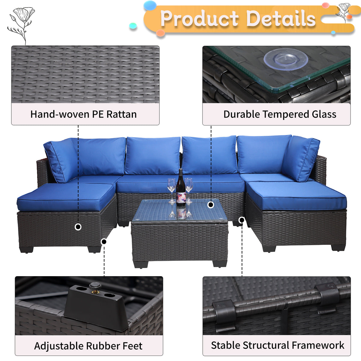 Outdoor Garden Patio Furniture 7 Piece Pe Rattan Wicker Cushioned Sofa Sets And Coffee Table, Patio Furniture Set Outdoor Couch Outdoor Couch Patio Furniture Outdoor Sofa Patio Couch Yes Complete Patio Set Black Blue Rust Resistant Frame Water Resistant