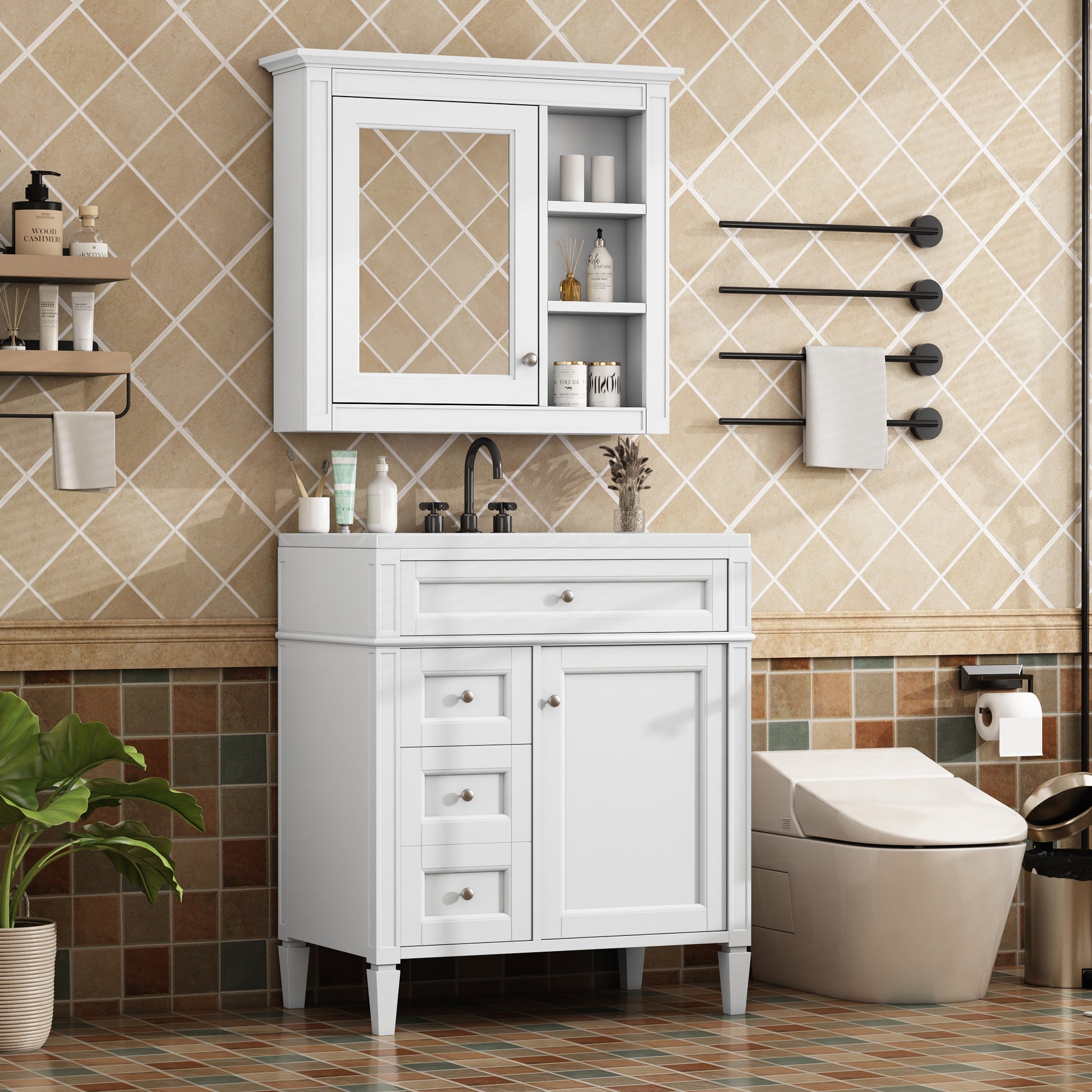 30'' Bathroom Vanity With Top Sink, Modern Bathroom Storage Cabinet With 2 Drawers And A Tip Out Drawer, Freestanding Vanity Set With Mirror Cabinet, Single Sink Bathroom Vanity White Bathroom Solid